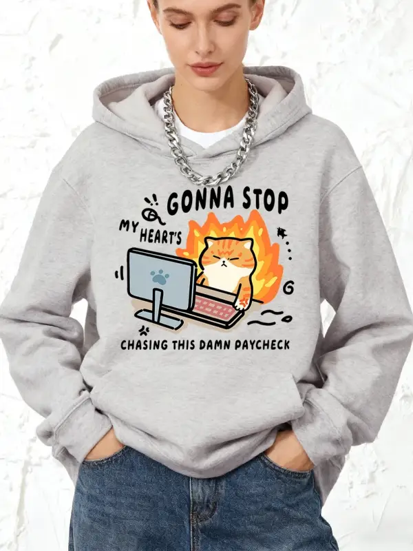Chasing Paycheck Kedi Baskılı Pamuklu Kapüşonlu Üstler Kadınlar İçin Kışlık Polar Sıcak Sweat