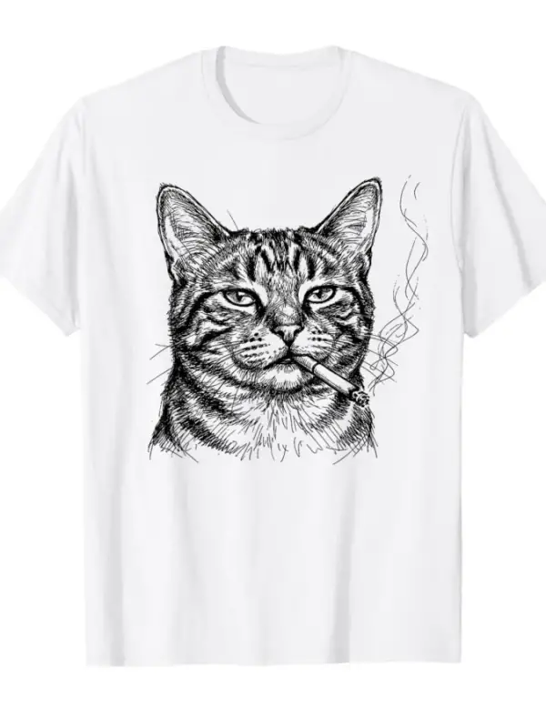 Chill Cat Sigara İçme Kroki Sanat Kedi Sevgilisi Tasarım T-shirt Erkekler Kadınlar Için % 100