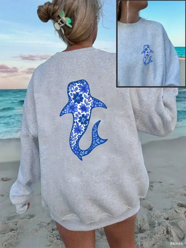 Çiçek Sperm Balinası Baskılı Sweatshirtler Kadınlar Kışlık Polar Sıcak Kapüşonlu Üstler Yuvar