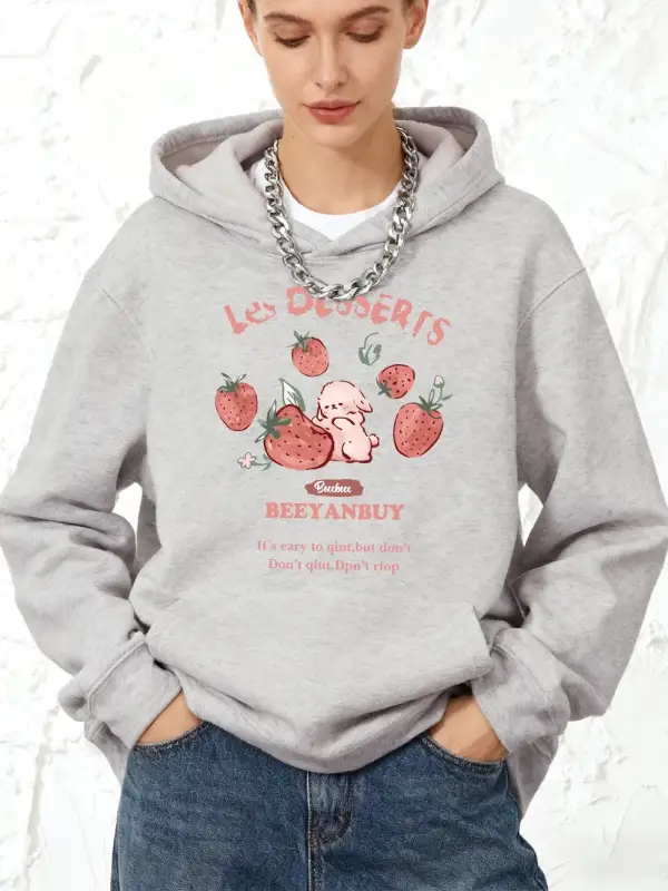 Çilek ve Tavşan Baskılı Kapüşonlu Üstler Pamuklu Kadın Sportif Bol Kazak Kışlık Polar Sıcak S