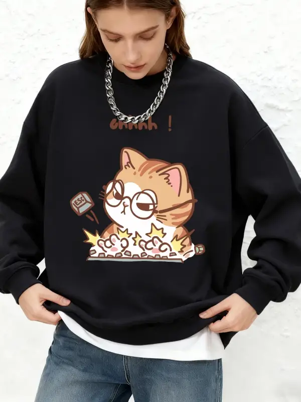 Çılgın Kedi Yazarak Vahşi Baskılı Kapüşonlu Üst Kadınlar İçin Basit Yuvarlak Yaka Büyük Beden