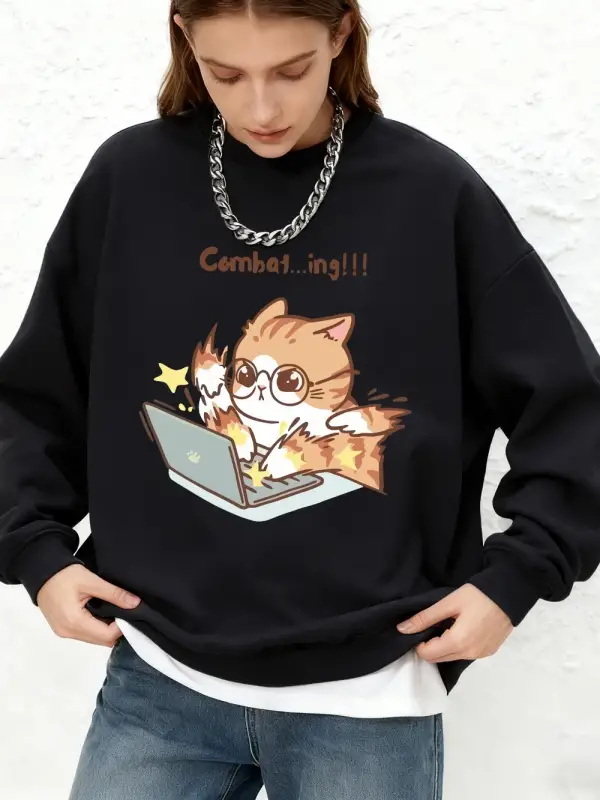 Çılgın Yazma Kedi Karikatür Baskı Kapüşonlular Bayan Kış Sıcak Uzun Kollu Tişörtü Jogger Crew