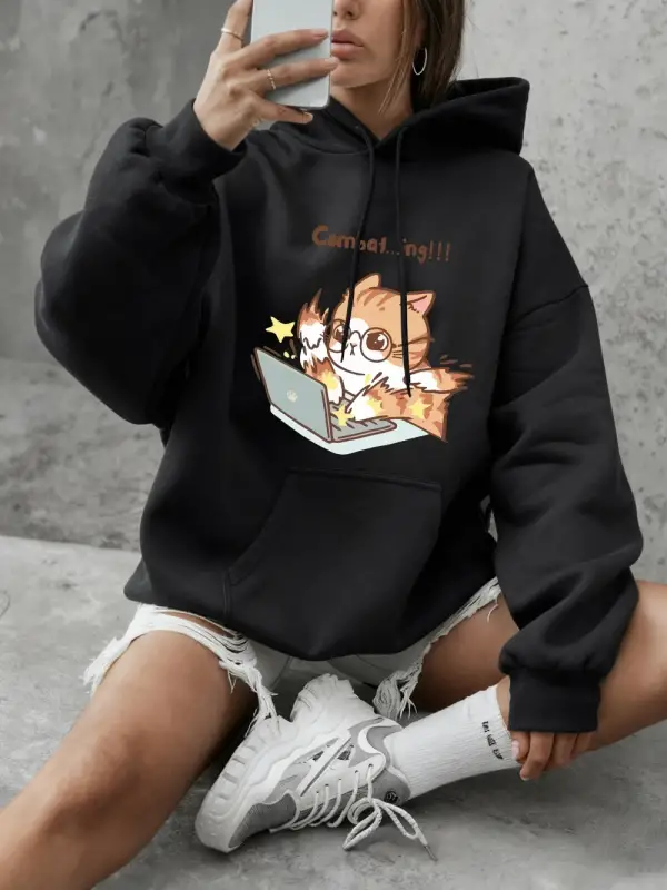 Çılgın Yazma Kedi Karikatür Baskılı Sweatshirt Kadınlar İçin Basic Yuvarlak Yaka Kapüşonlu Sw