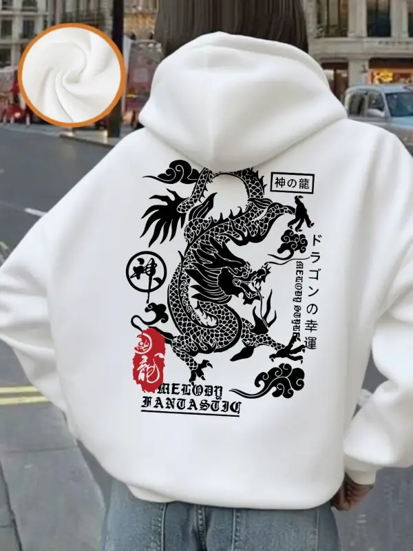 Çin Ejderha Baskı Kapüşonlular Bayan Rahat Gevşek Kazak Kış Polar Sıcak Kazaklar Rahat Cep Ka