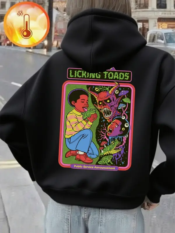 Çocuklar ve Şeytanlar Baskılı Kapüşonlu Üstler Kadınlar İçin Rahat Bol Kazaklar Kışlık Polar