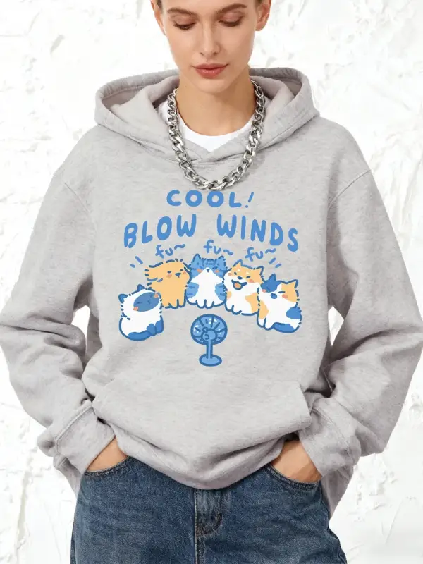 Cool Blow Winds Kedi Baskılar Pamuk Kapüşonlular Bayan Koşu Cep Tişörtü Sportif Gevşek Kazakl