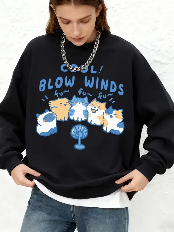 Cool Blow Winds Kedi Baskılı Kapüşonlular Kadın Kış Uzun Kollu O-Boyun Tişörtü Büyük Boy Jogg