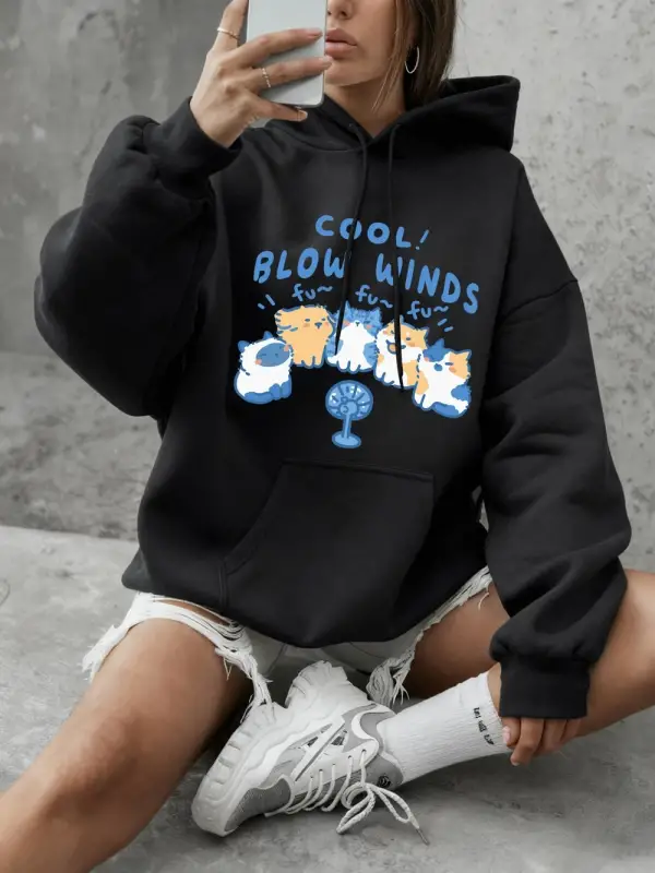 Cool Blow Winds Kedi Baskılı Tişörtü Bayan Temel Ürünler Bisiklet Yaka Kapüşonlular Günlük Bo