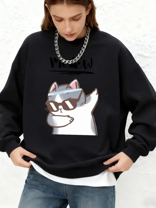 Cool Cat Karikatür Baskılı Kadın Kapüşonlu Üstü Basic Oversize Jogger Sweatshirt Kışlık Uzun
