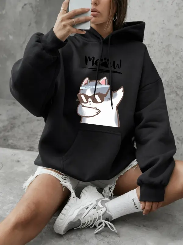 Cool Cat Karikatür Baskılı Kapüşonlu Üstler Kadın Temel Ürünleri Bisiklet Yaka Tişörtü Günlük