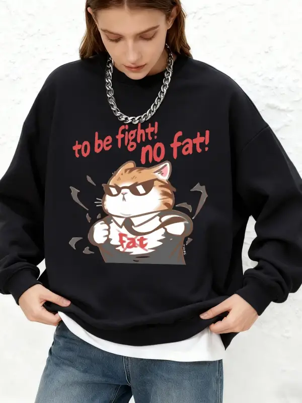 Cool Fight Fat Cat Baskılı Sweatshirt Kadın Günlük Jogger Sıcak Kapüşonlu Sonbahar Yuvarlak Y