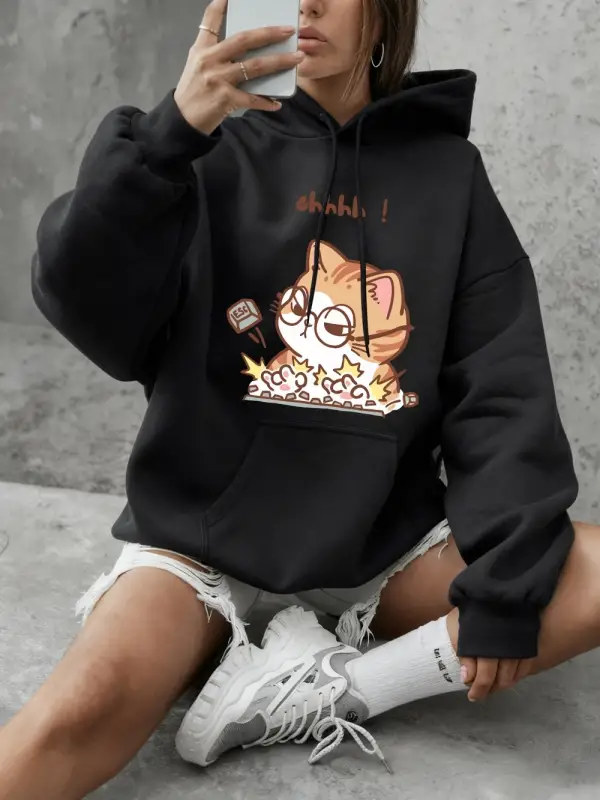 Crazy Cat Typing Wildly Baskılı Kapüşonlular Kadın Günlük Bol Sweatshirtler Kışlık Polar Sıca