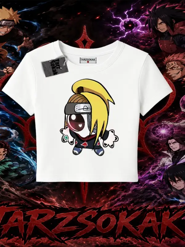 Deidara Naruto Anime Karakteri Kadın Baby Tee Beyaz
