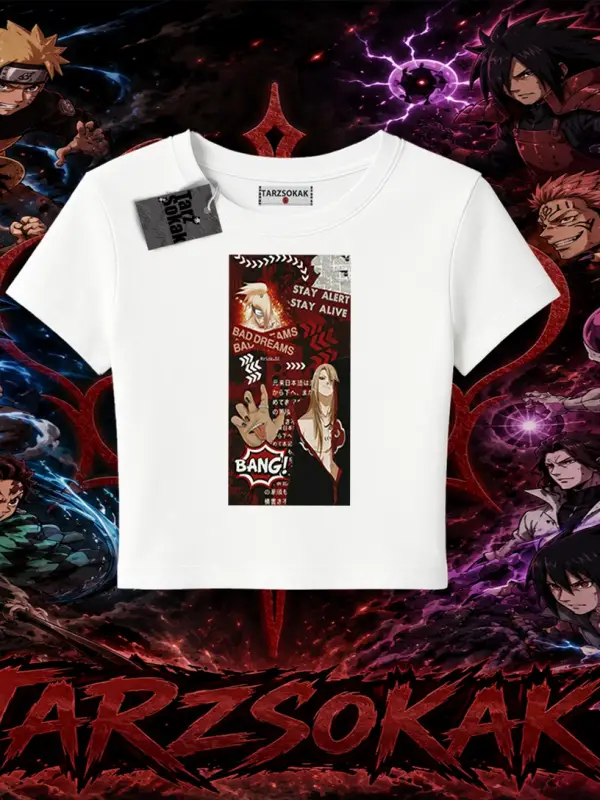 Deidara Naruto Anime Karakteri Kadın Baby Tee Beyaz