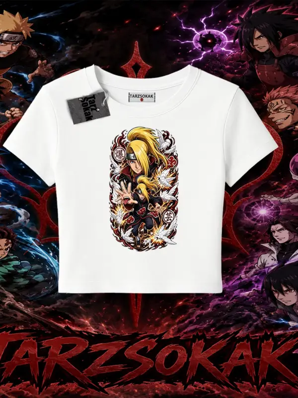Deidara Naruto Anime Karakteri Kadın Baby Tee Beyaz