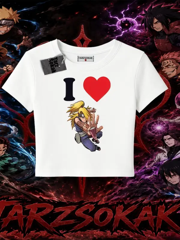 Deidara Naruto Anime Karakteri Kadın Baby Tee Beyaz