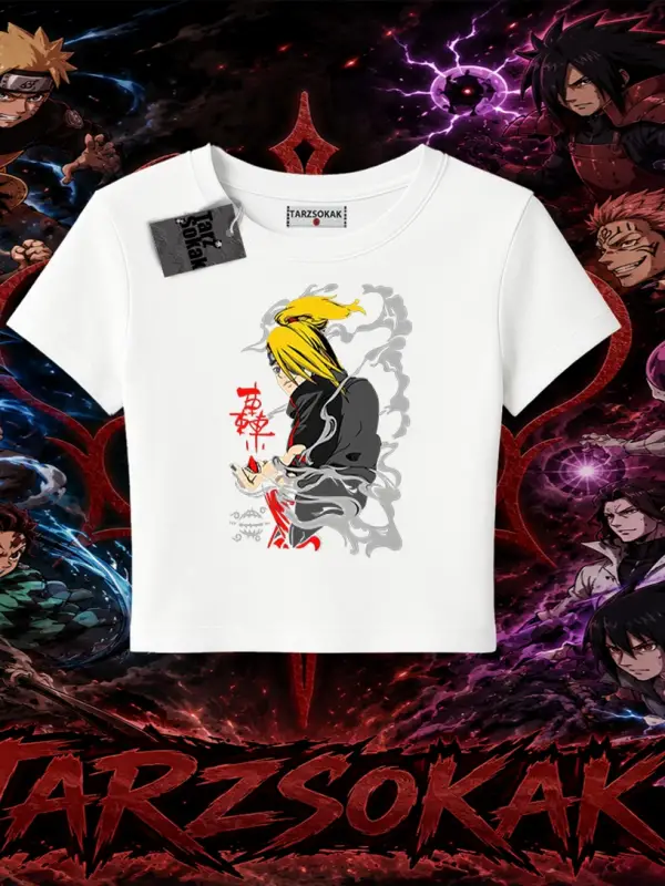 Deidara Naruto Anime Karakteri Kadın Baby Tee Beyaz