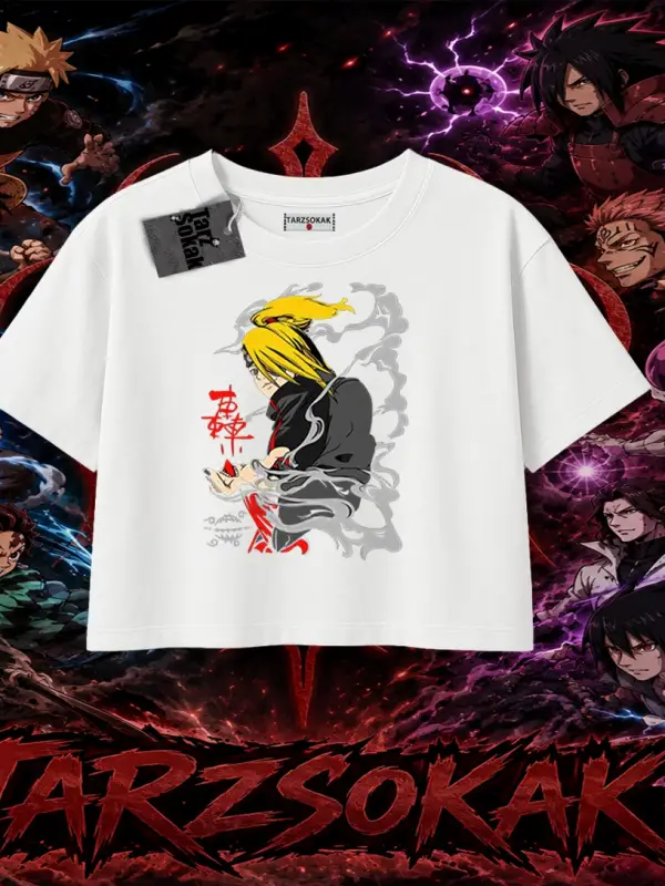 Deidara Naruto Anime Karakteri Kadın Crop Tişört Beyaz