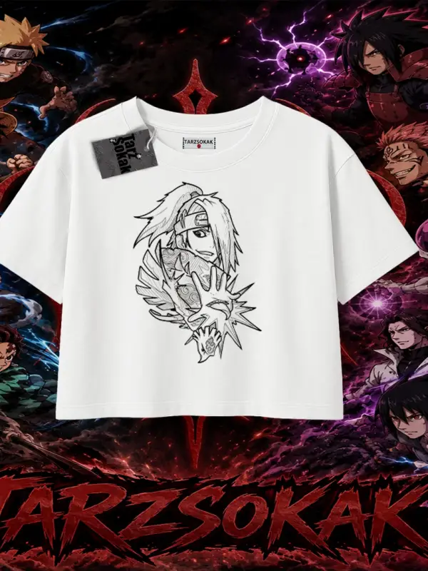 Deidara Naruto Anime Karakteri Kadın Crop Tişört Beyaz