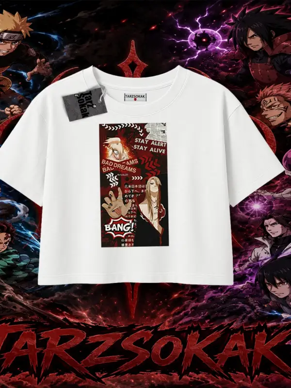 Deidara Naruto Anime Karakteri Kadın Crop Tişört Beyaz