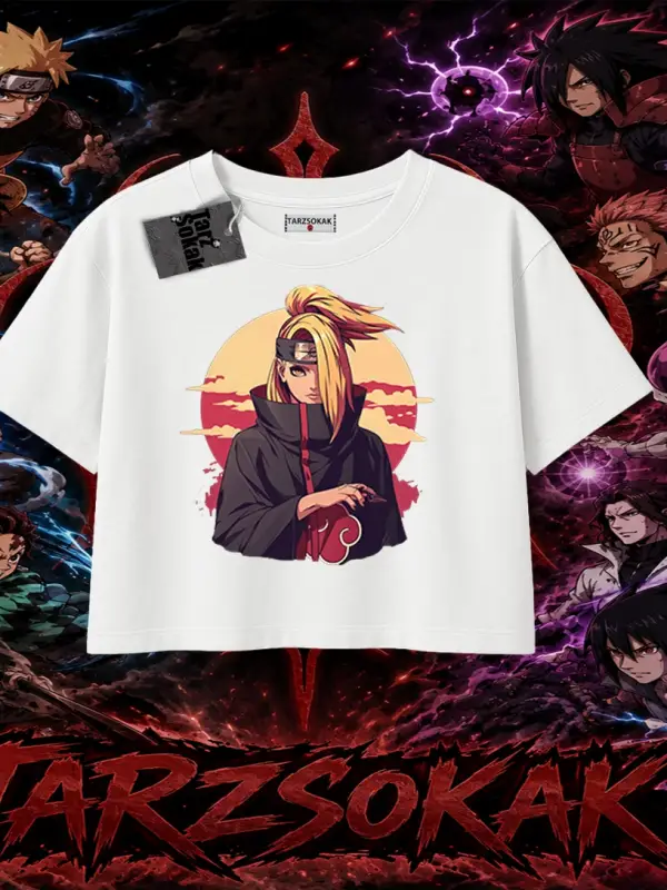 Deidara Naruto Anime Karakteri Kadın Crop Tişört Beyaz