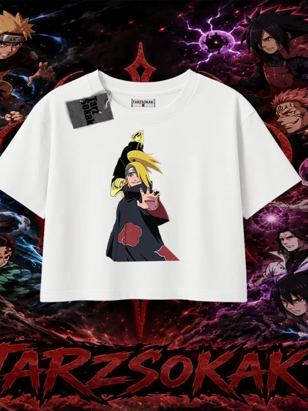 Deidara Naruto Anime Karakteri Kadın Crop Tişört Beyaz