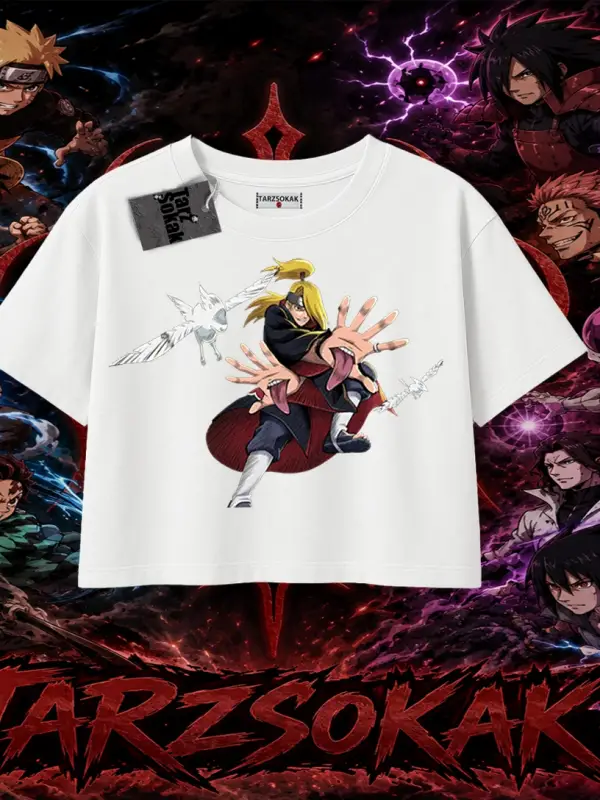 Deidara Naruto Anime Karakteri Kadın Crop Tişört Beyaz