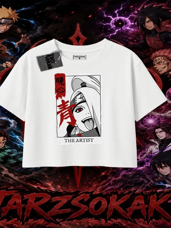 Deidara Naruto Anime Karakteri Kadın Crop Tişört Beyaz