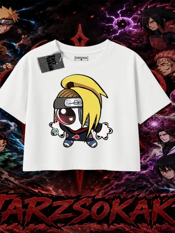 Deidara Naruto Anime Karakteri Kadın Crop Tişört Beyaz