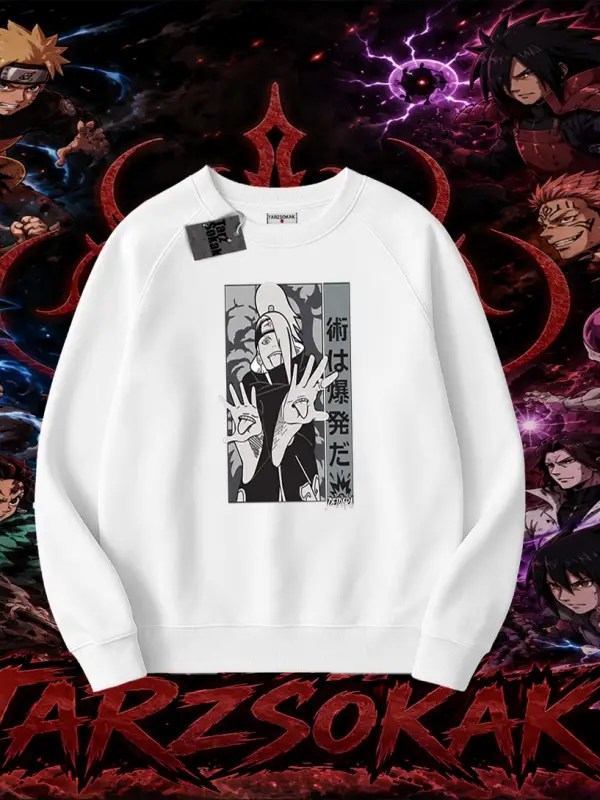 Deidara Naruto Anime Karakteri Oversize Unisex Bisiklet Yaka Sweatshirt Beyaz