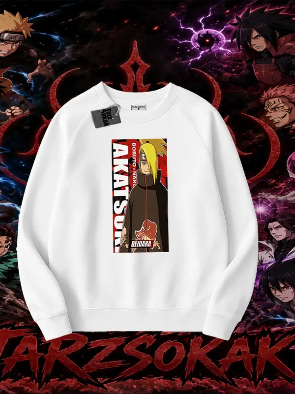 Deidara Naruto Anime Karakteri Oversize Unisex Bisiklet Yaka Sweatshirt Beyaz