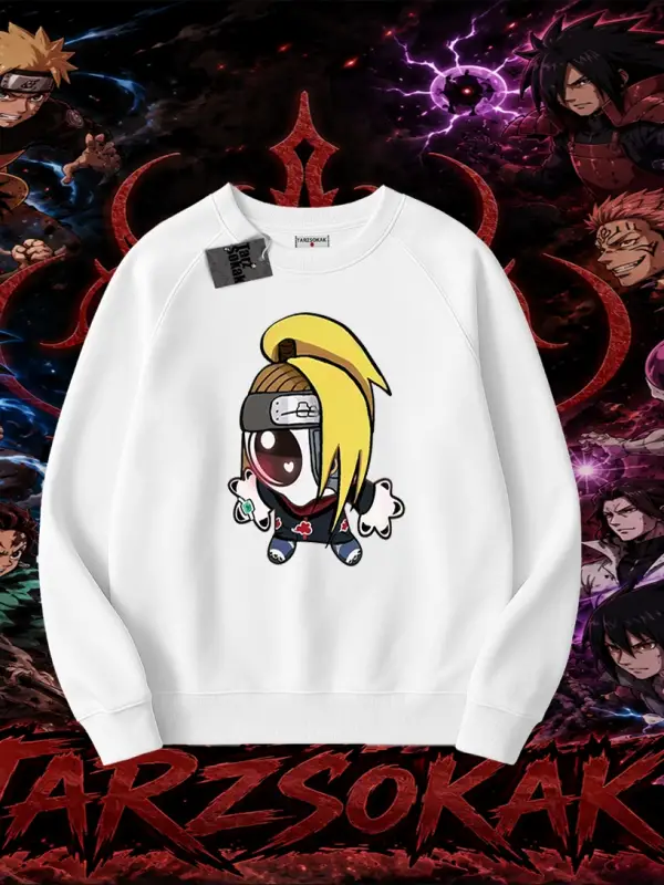 Deidara Naruto Anime Karakteri Oversize Unisex Bisiklet Yaka Sweatshirt Beyaz