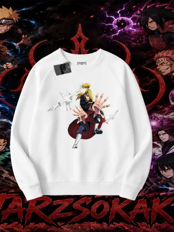 Deidara Naruto Anime Karakteri Oversize Unisex Bisiklet Yaka Sweatshirt Beyaz