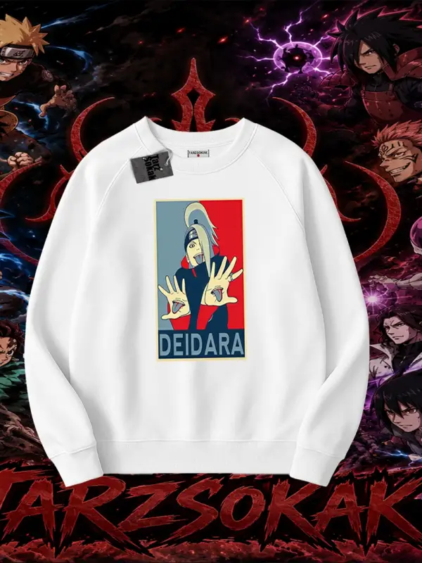 Deidara Naruto Anime Karakteri Oversize Unisex Bisiklet Yaka Sweatshirt Beyaz