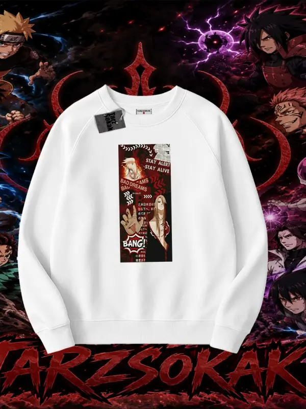 Deidara Naruto Anime Karakteri Oversize Unisex Bisiklet Yaka Sweatshirt Beyaz