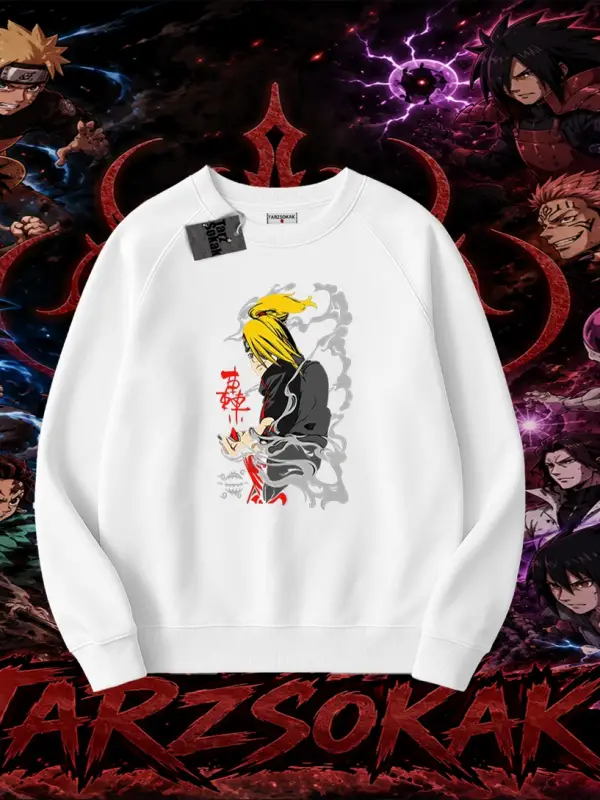 Deidara Naruto Anime Karakteri Oversize Unisex Bisiklet Yaka Sweatshirt Beyaz