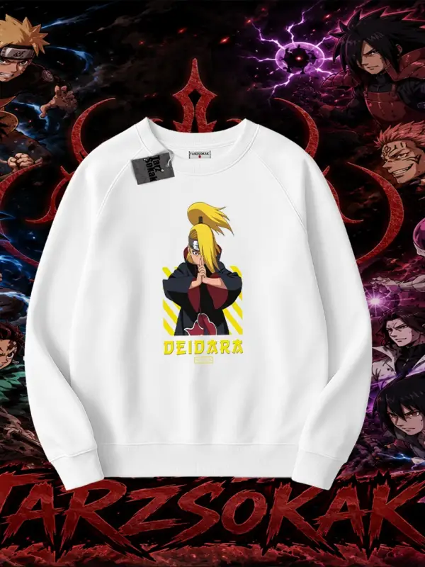 Deidara Naruto Anime Karakteri Oversize Unisex Bisiklet Yaka Sweatshirt Beyaz