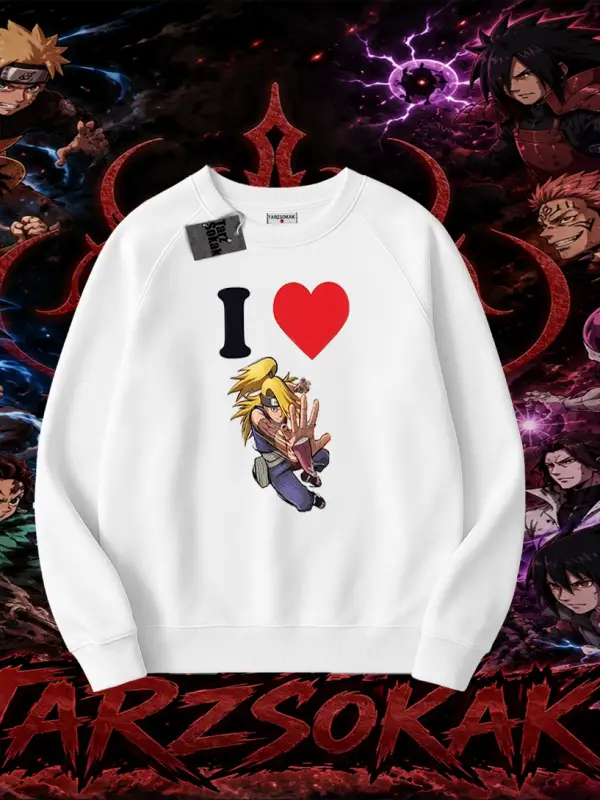Deidara Naruto Anime Karakteri Oversize Unisex Bisiklet Yaka Sweatshirt Beyaz