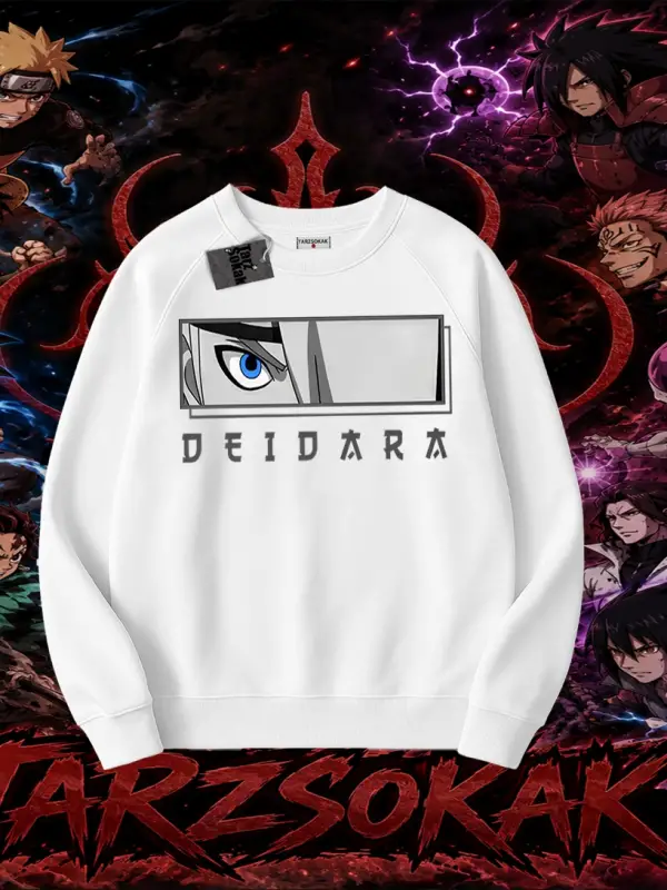 Deidara Naruto Anime Karakteri Oversize Unisex Bisiklet Yaka Sweatshirt Beyaz