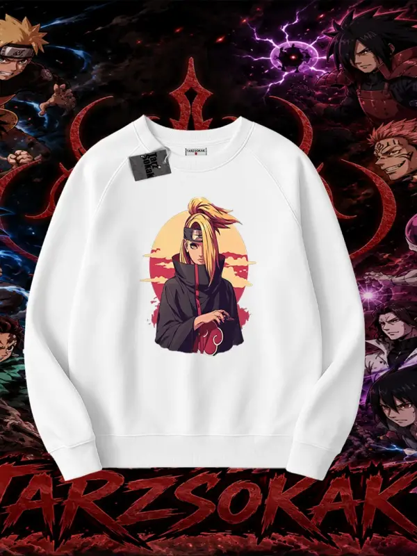 Deidara Naruto Anime Karakteri Oversize Unisex Bisiklet Yaka Sweatshirt Beyaz