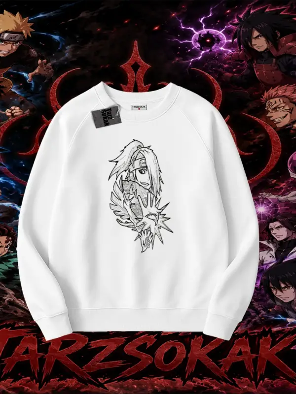 Deidara Naruto Anime Karakteri Oversize Unisex Bisiklet Yaka Sweatshirt Beyaz