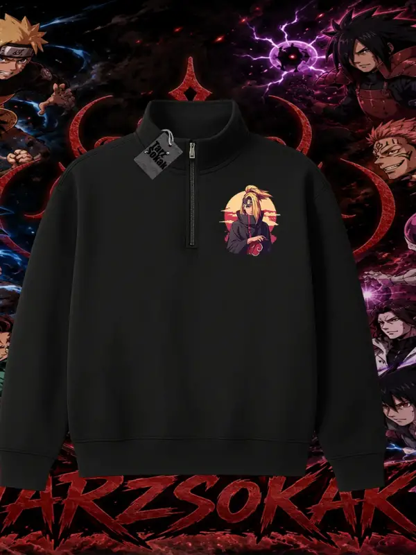 Deidara Naruto Anime Karakteri Unisex Polo Yaka Yarım Fermuarlı Sweatshirt Beyaz