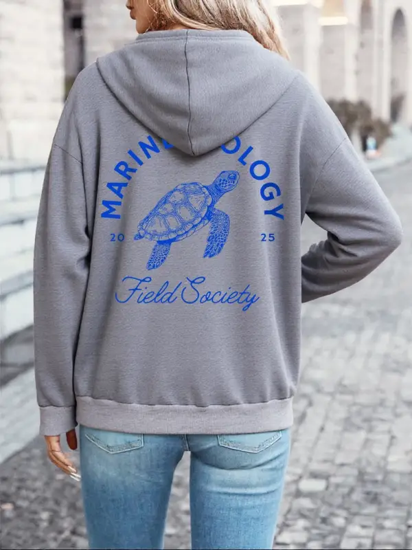 Deniz Biyolojisi Kaplumbağa Baskılı Kapüşonlu Üstler Kadın Kışlık Polar Sıcak Kazaklar Günlük