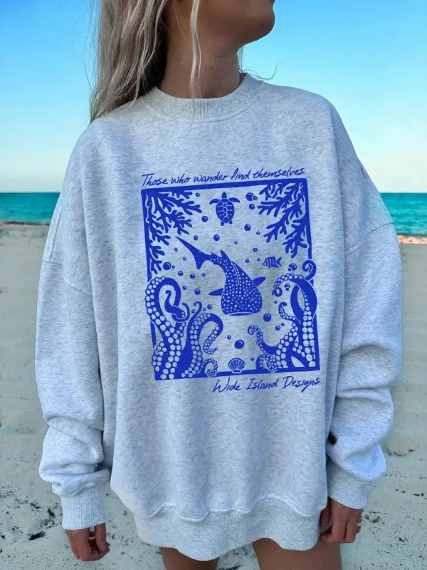 Deniz Dünya Karikatür Baskı Kazak Kadın Crewneck Temelleri Hoodie Gevşek Polar Sıcak Kazak Kı