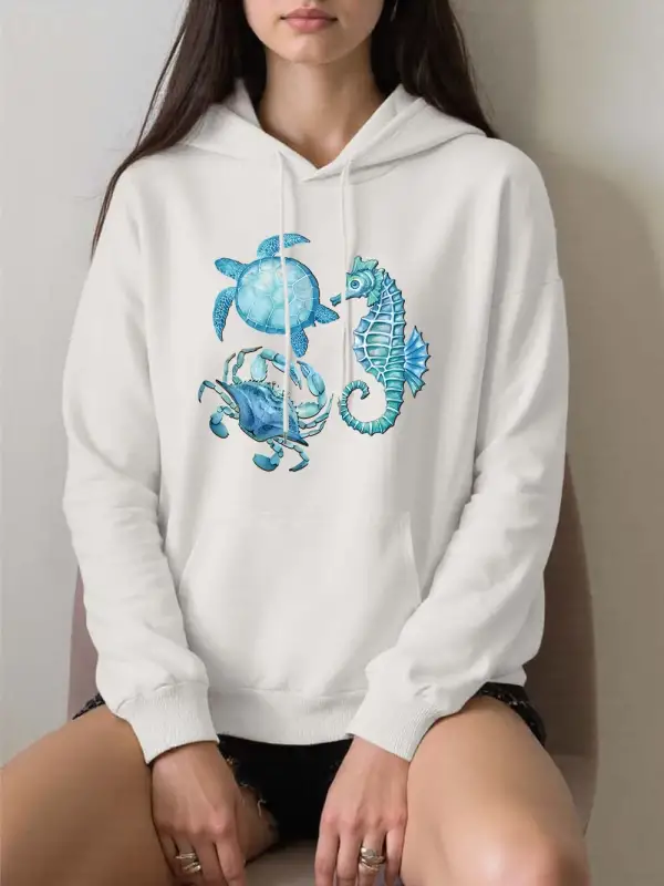 Deniz Kaplumbağası Denizatı Baskılar Hoodies Kadınlar Rahat Gevşek Tişörtü Kış Polar Sıcak Ka
