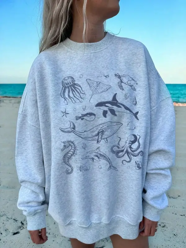 Deniz Yaşamı Balina ve Köpekbalığı Baskılar Kazak Kadın Kış Polar Sıcak Hoodie O-Boyun Gevşek