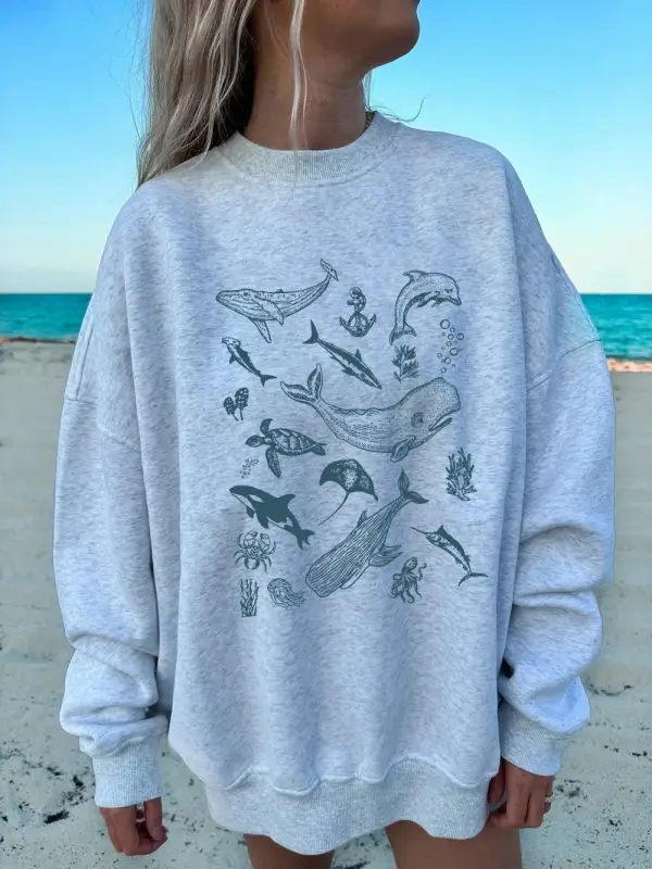 Deniz Yaşamı Balina ve Köpekbalığı Baskılar Tişörtü Kadın Bisiklet Yaka Tüm Maç Kapşonlu Gevş