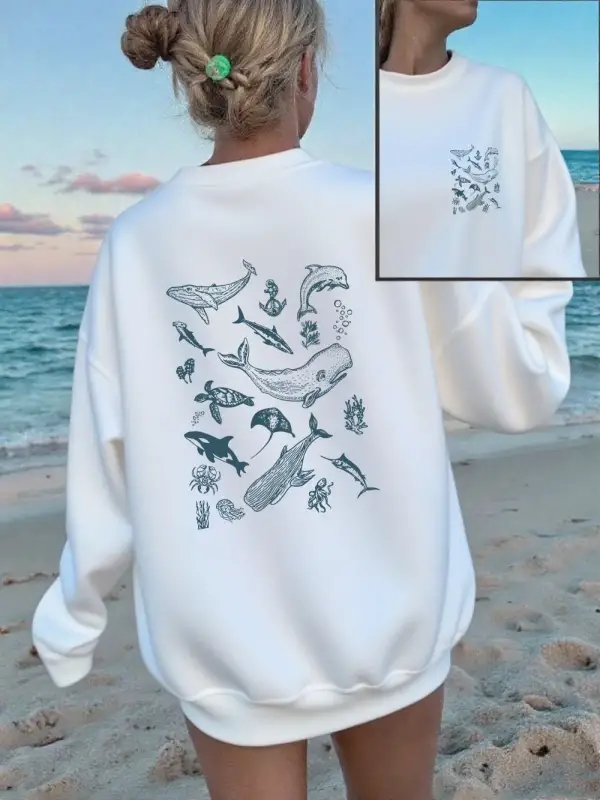 Deniz Yaşamı Balina ve Köpekbalığı Baskılı Tişörtler Kadın Bisiklet Yaka Günlük Kapüşonlu Üst