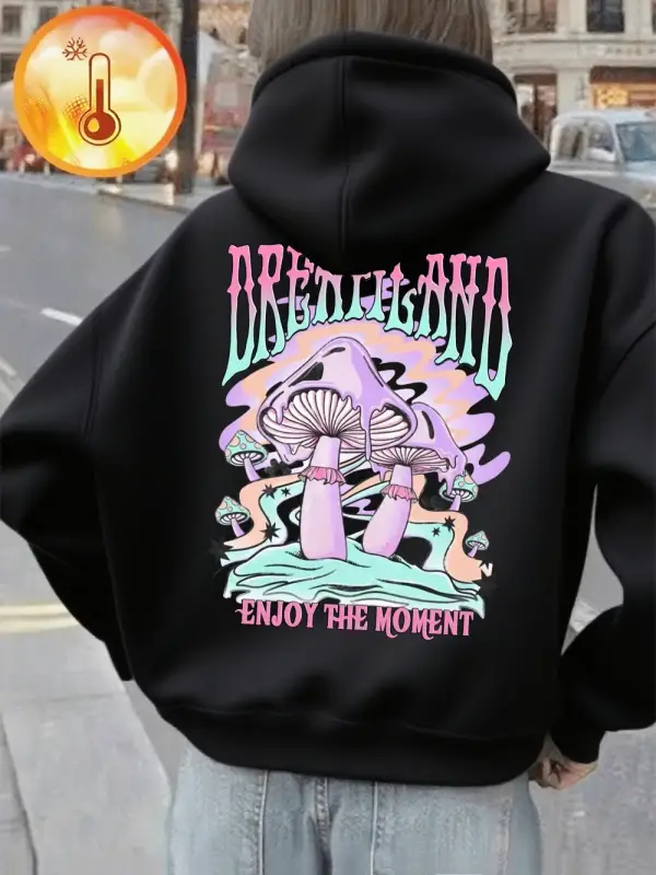 Dreamland Mushrooms Baskı Kapüşonlular Bayan Kış Polar Sıcak Kazaklar Rahat Cep Tişörtü Rahat