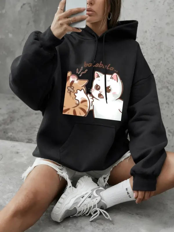 Eğlenceli İki Kedi Kavga Ediyor Baskılı Kapüşonlu Üst Kadınlar Kışlık Polar Sıcak Sweatshirt